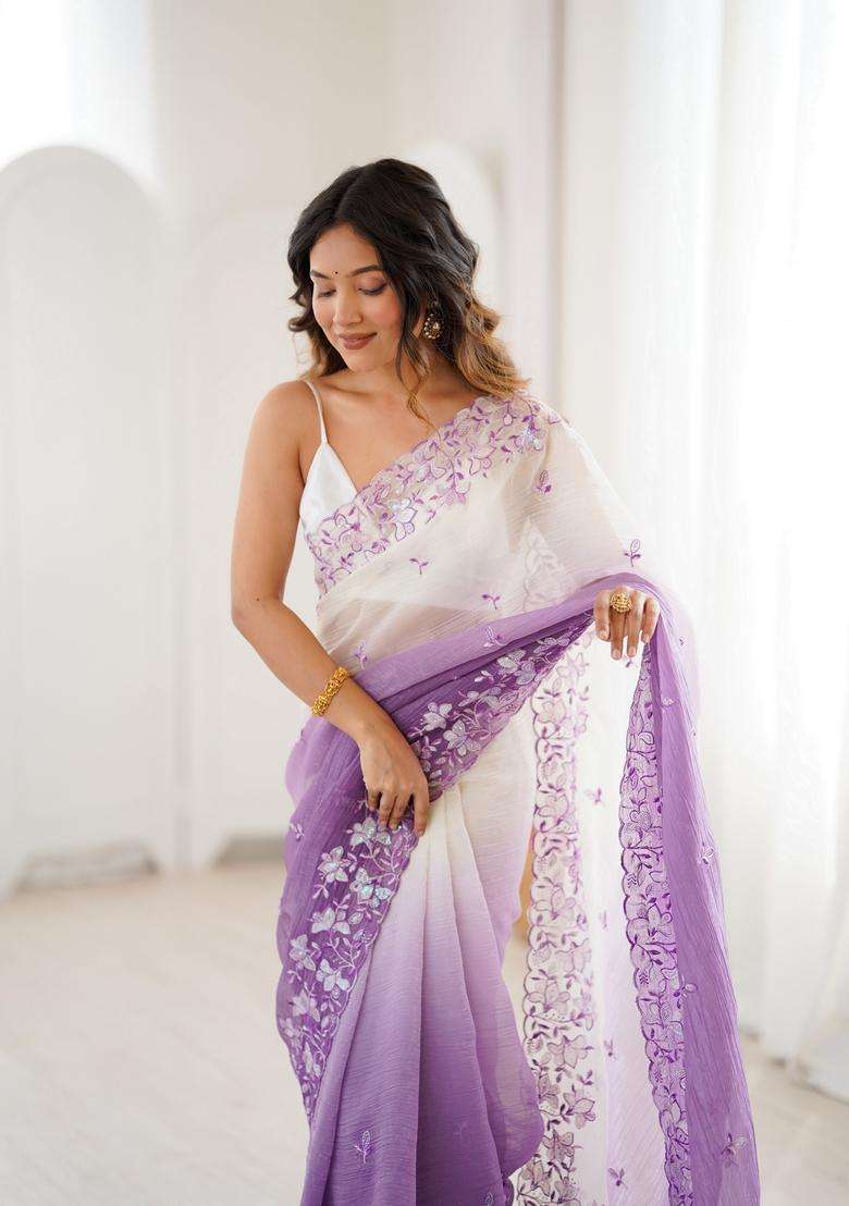 Lavender Sequins Work Silk Saree Set - Indya