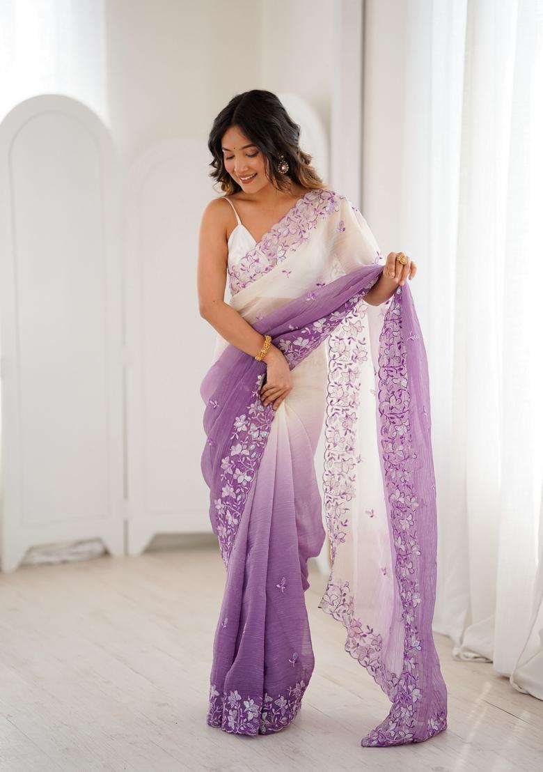 Lavender Sequins Work Silk Saree Set - Indya