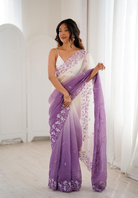 Lavender Sequins Work Silk Saree Set