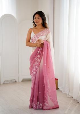 Pink Sequins Work Silk Saree Set