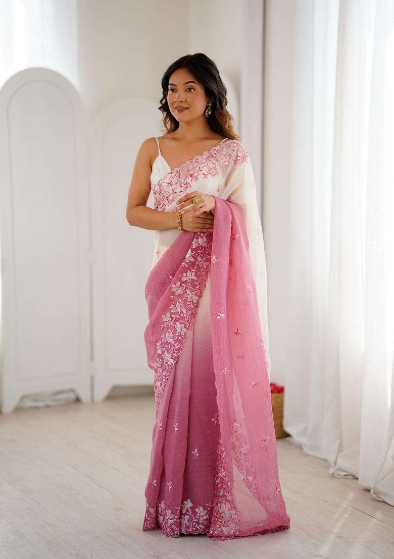 Pink Sequins Work Silk Saree Set - Indya
