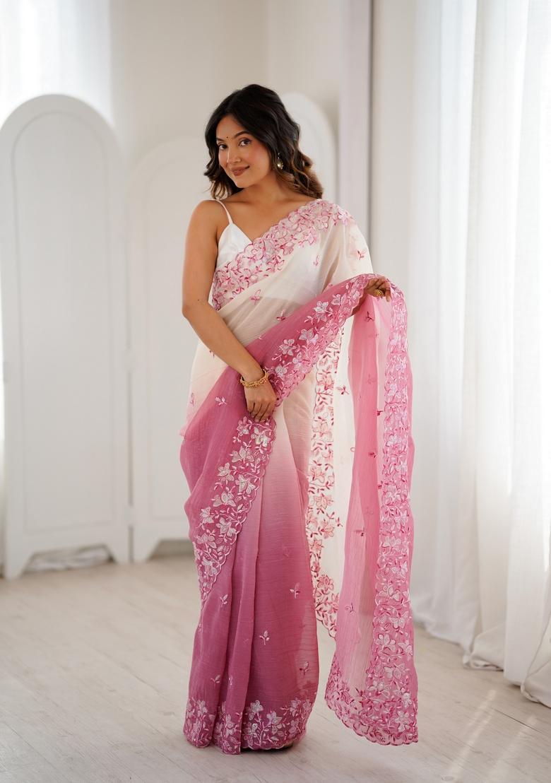 Pink Sequins Work Silk Saree Set - Indya