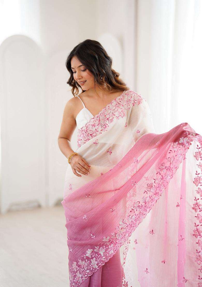 Pink Sequins Work Silk Saree Set - Indya