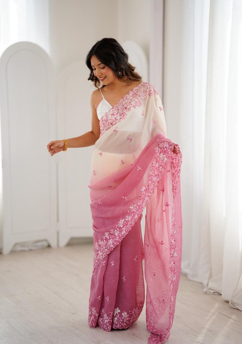 Pink Sequins Work Silk Saree Set - Indya