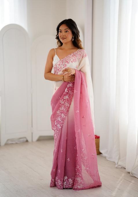 Pink Sequins Work Silk Saree Set — view on Indya