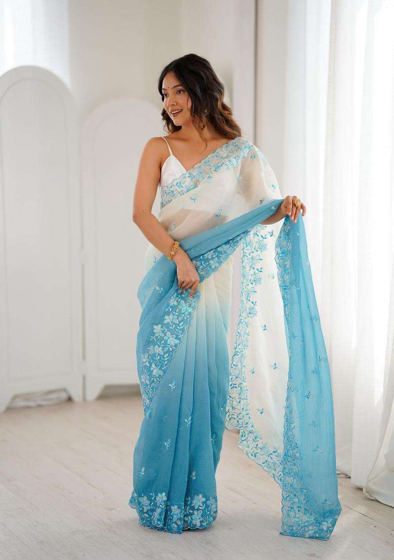 Sky Blue Work Silk Saree Set with Sequins for Diwali | Wedding & Festive Wear - Indya