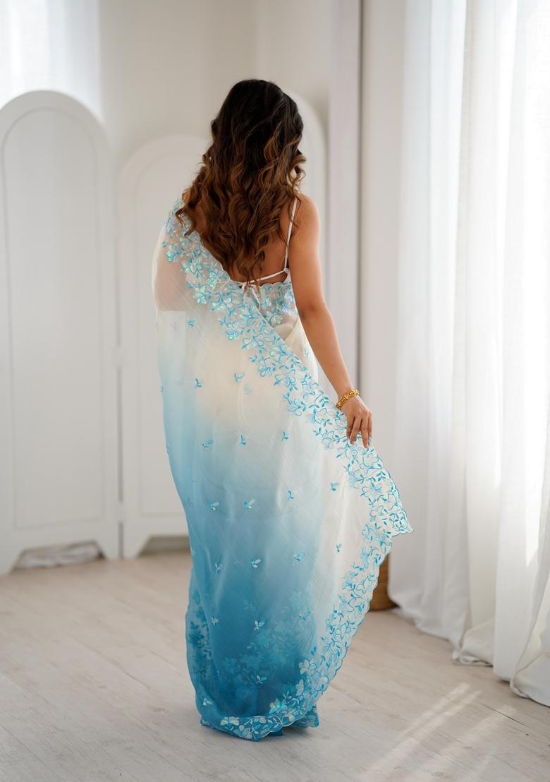Sky Blue Sequins Work Silk Saree Set - Indya