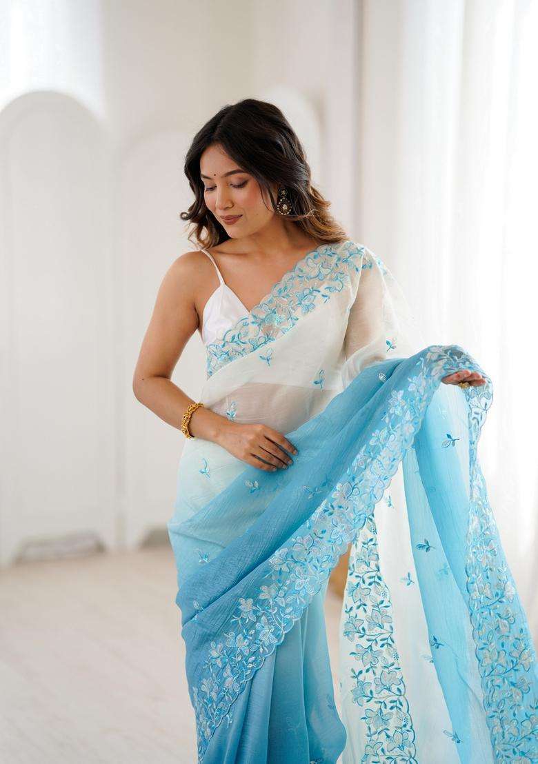 Sky Blue Work Silk Saree Set with Sequins for Diwali | Wedding & Festive Wear - Indya
