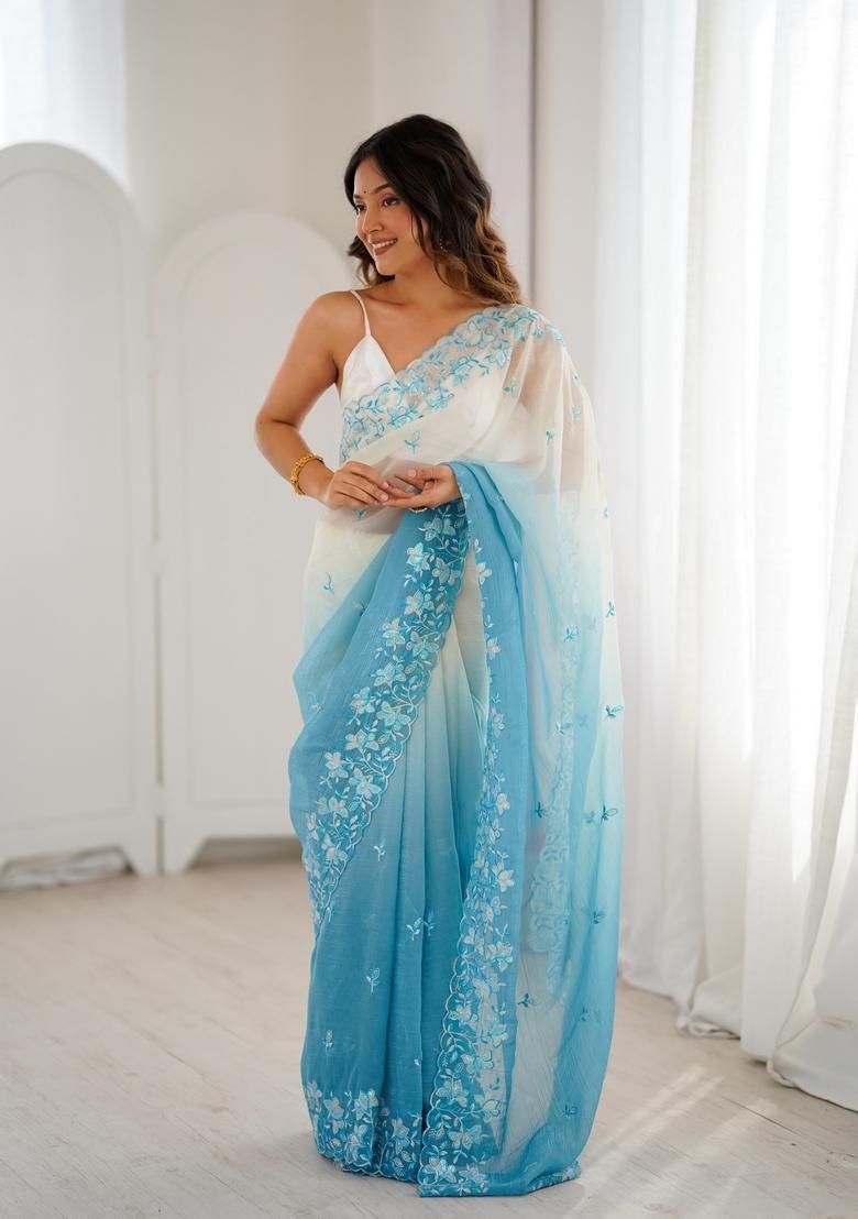 Sky Blue Sequins Work Silk Saree Set - Indya