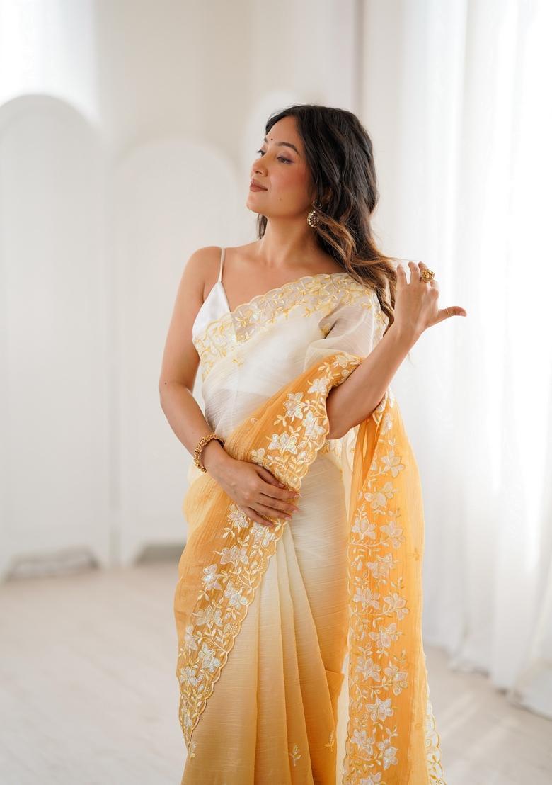 Yellow Sequins Work Silk Saree Set - Indya
