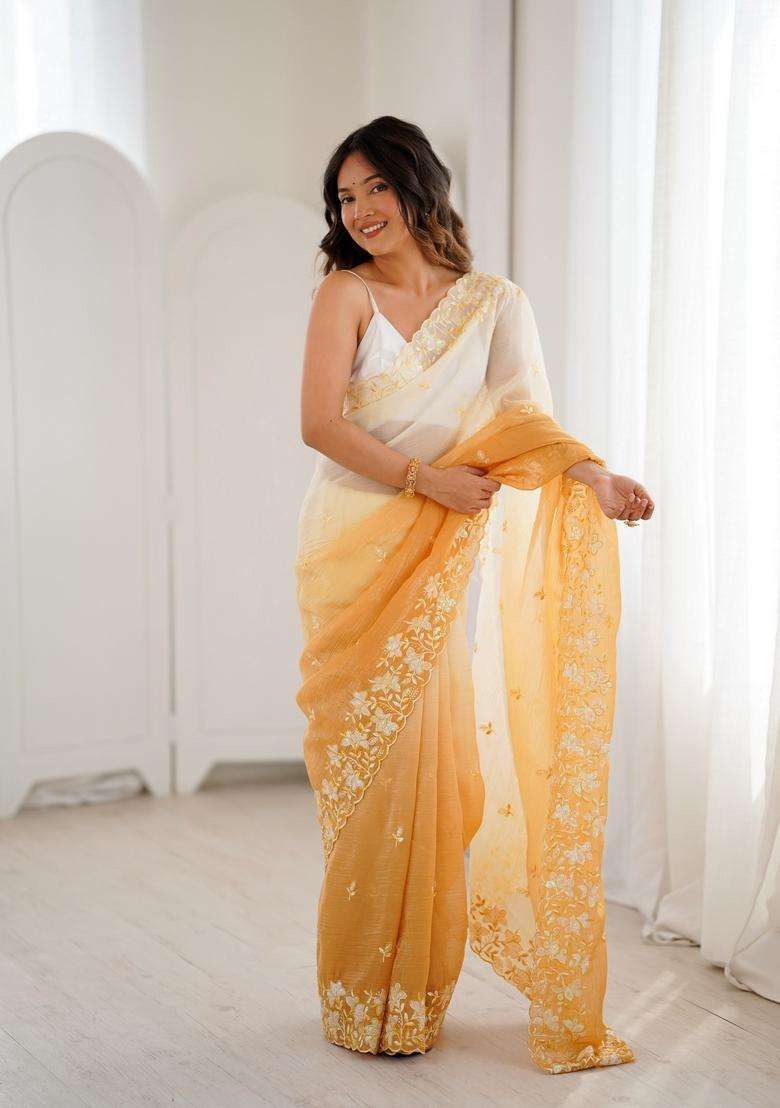 Yellow Work Silk Saree Set with Sequins for Diwali | Wedding & Festive Wear - Indya