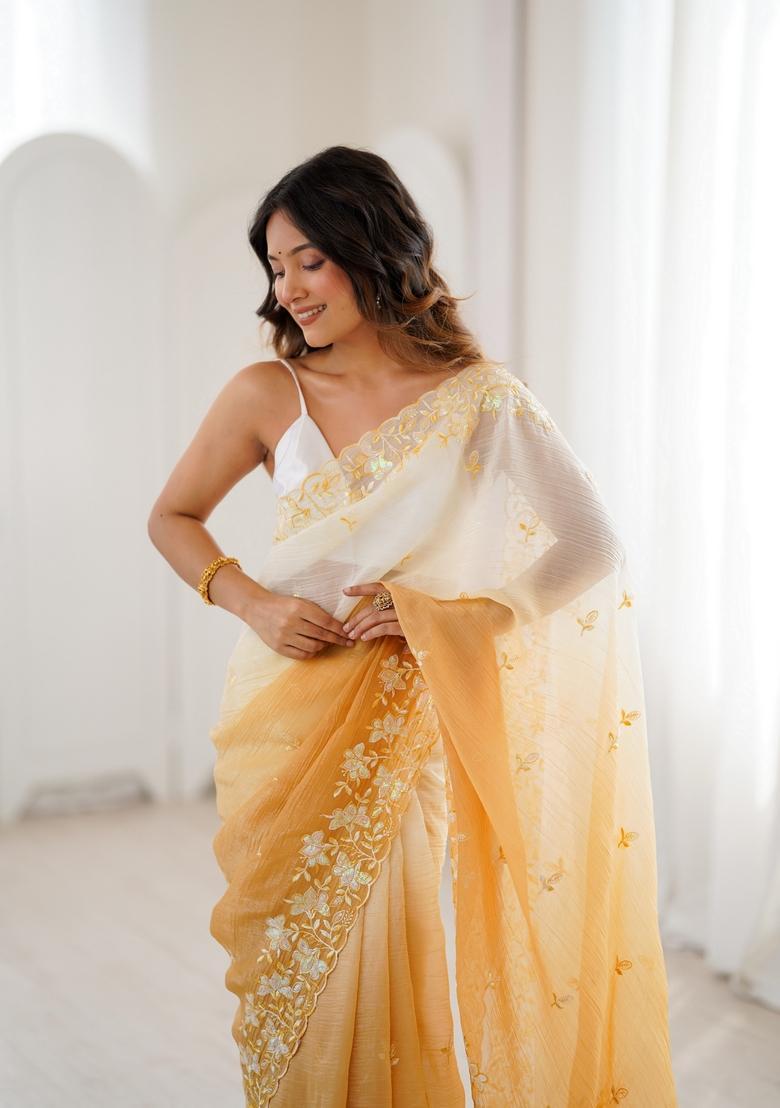 Yellow Sequins Work Silk Saree Set - Indya