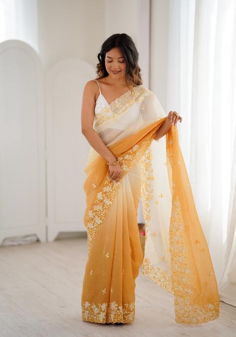 Yellow Sequins Work Silk Saree Set