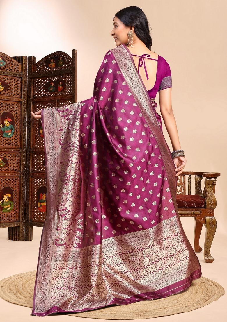 Purple Zari Work Silk Saree Set - Indya