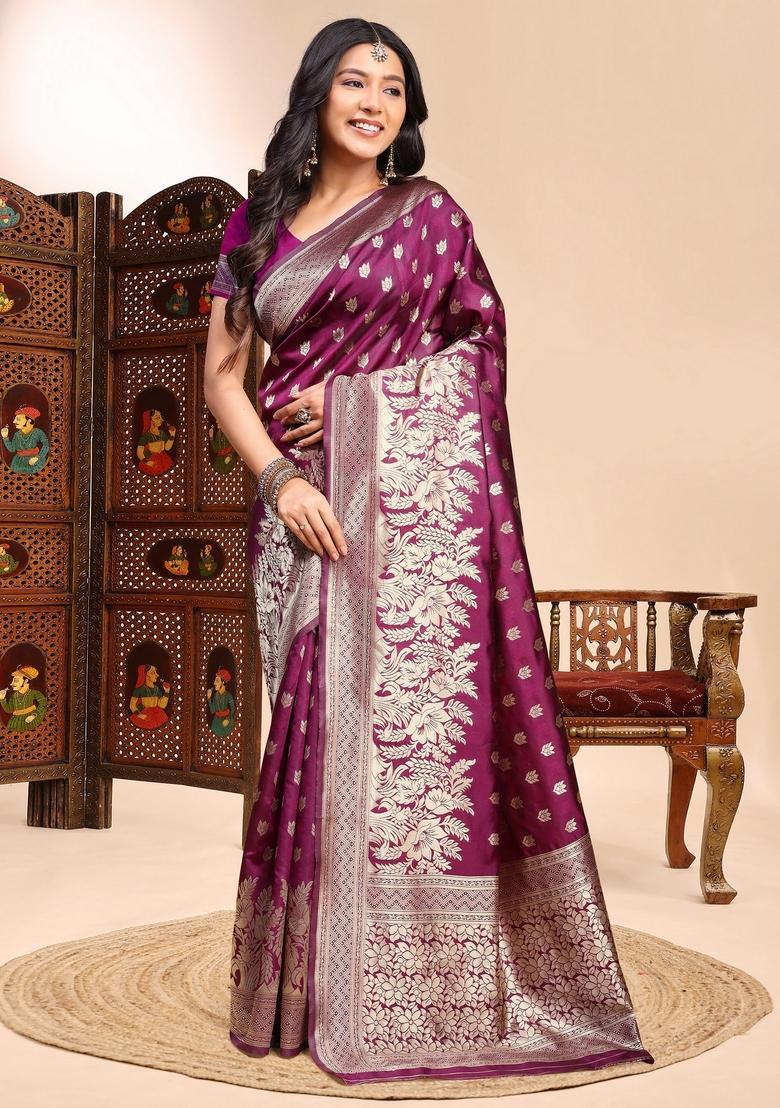 Purple Zari Work Silk Saree Set - Indya