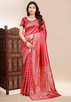 Red Zari Work Silk Saree Set