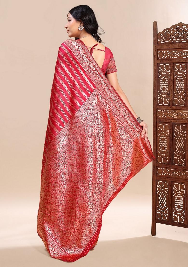 Red Zari Work Silk Saree Set - Indya