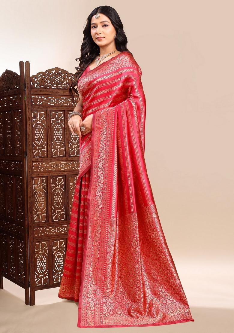 Red Zari Work Silk Saree Set - Indya