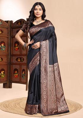 Black Zari Work Silk Saree Set