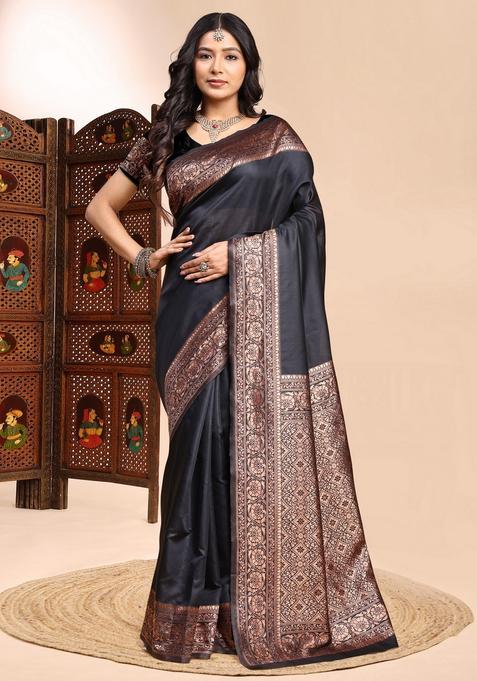 Black Zari Work Silk Saree Set
