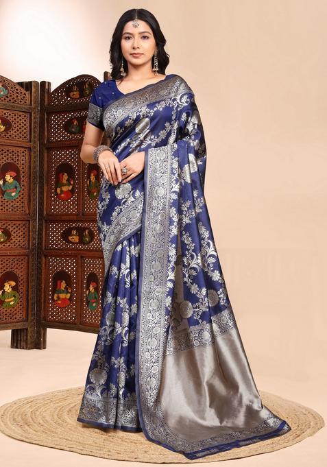 Blue Zari Work Silk Saree Set