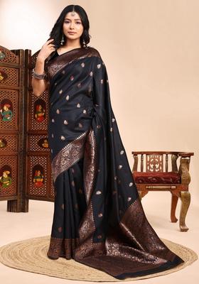 Black Zari Work Silk Saree Set