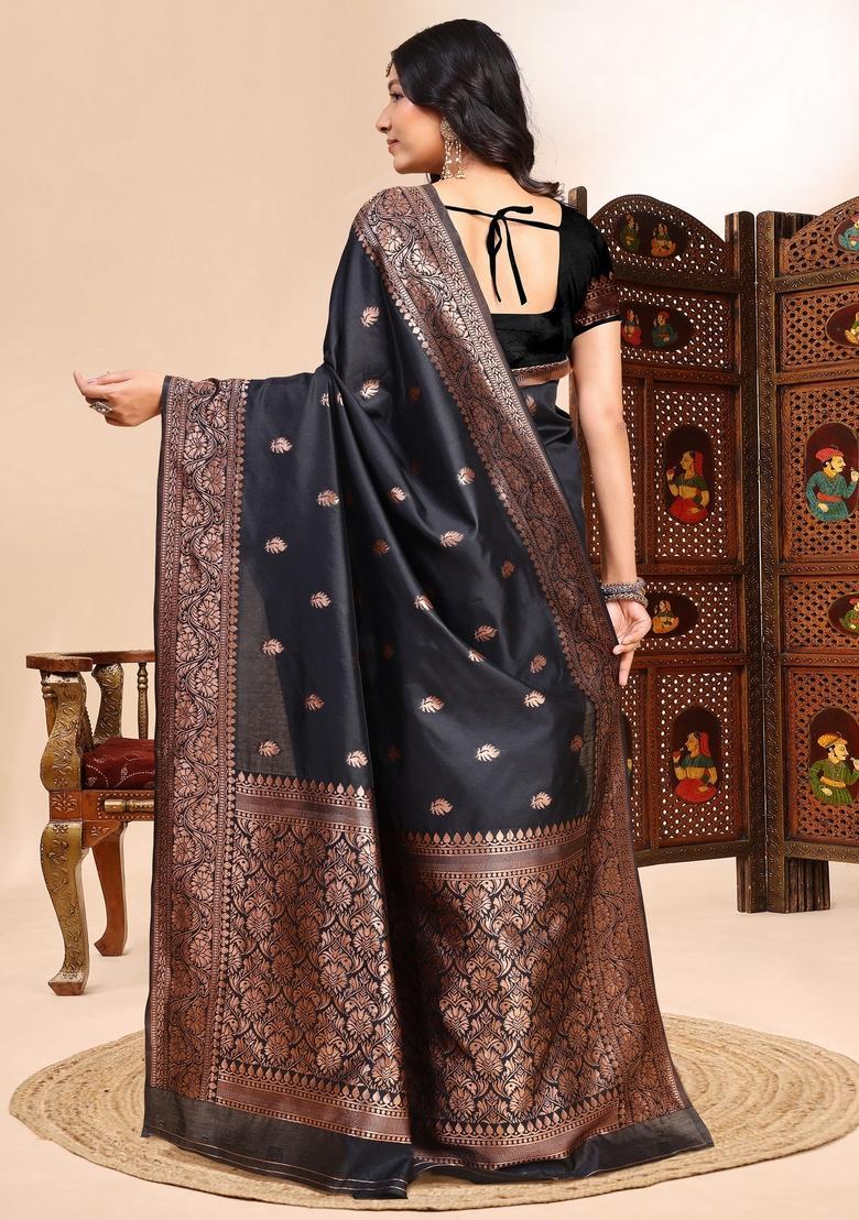 Black Zari Work Silk Saree Set - Indya
