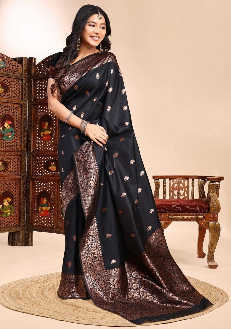 Black Zari Work Silk Saree Set - Indya