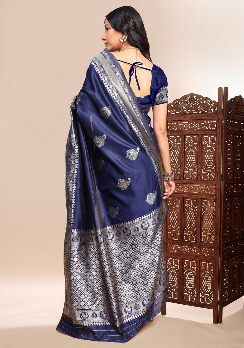 Blue Zari Work Silk Saree Set - Indya