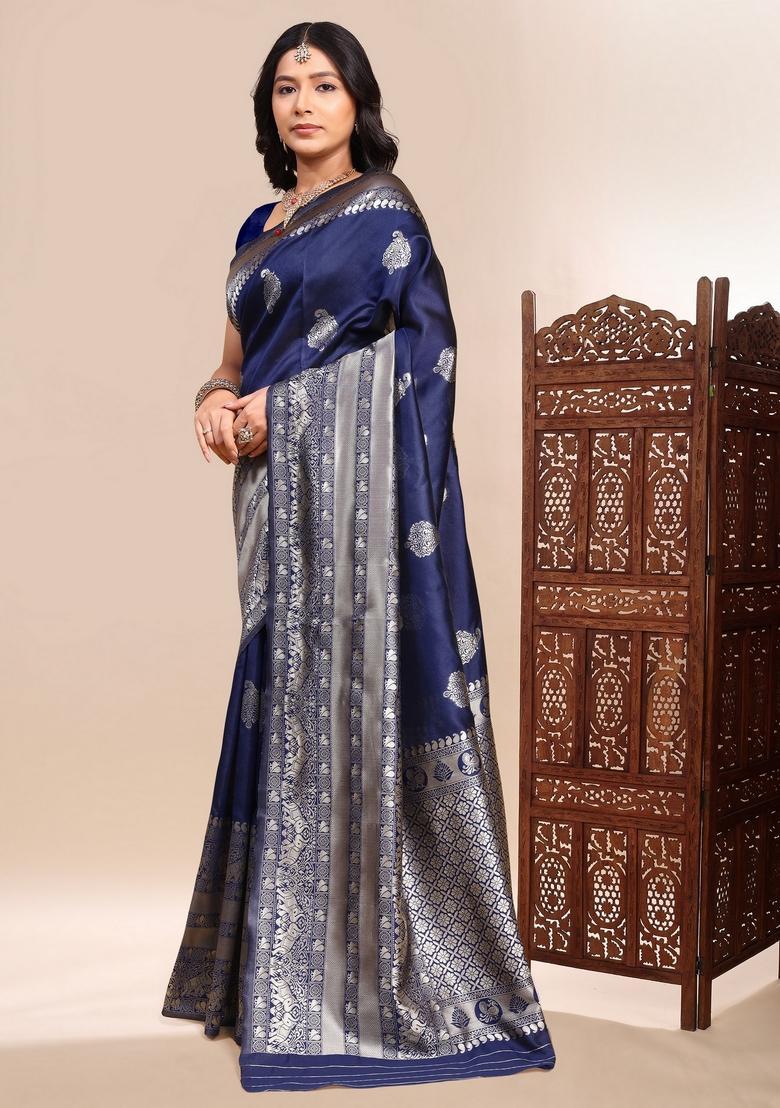 Blue Zari Work Silk Saree Set - Indya