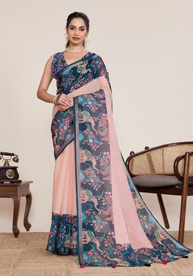Peach Printed Silk Saree Set
