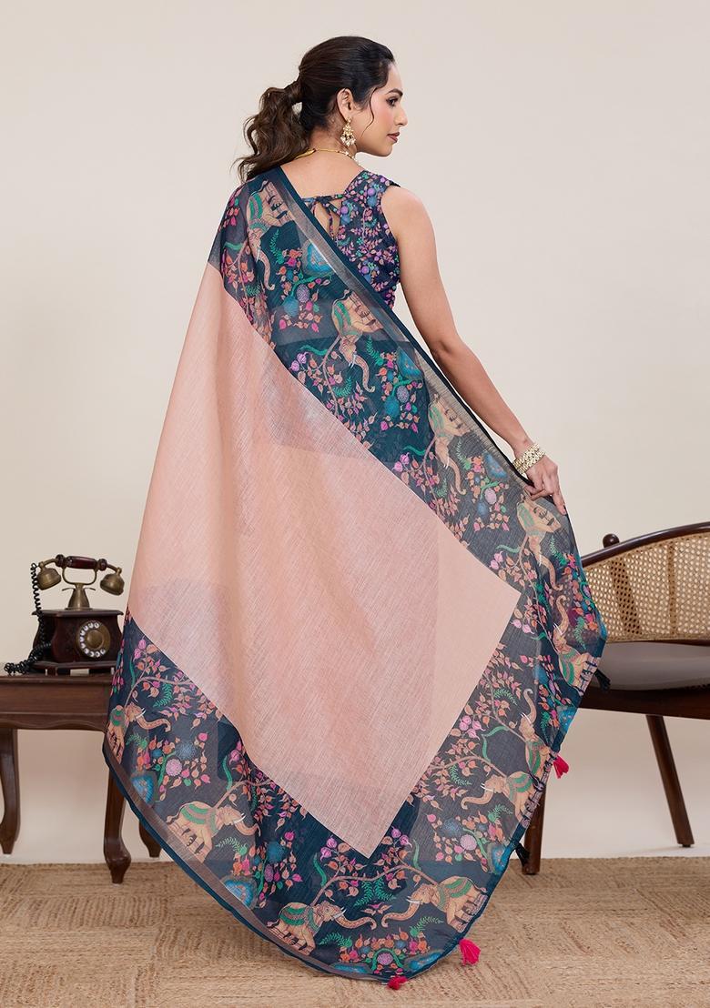 Peach Printed Silk Saree Set - Indya