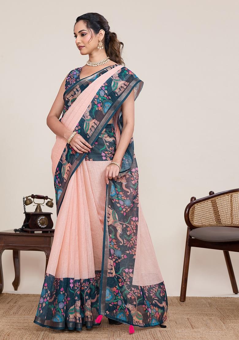 Peach Printed Silk Saree Set - Indya