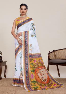 Cream Printed Silk Saree Set