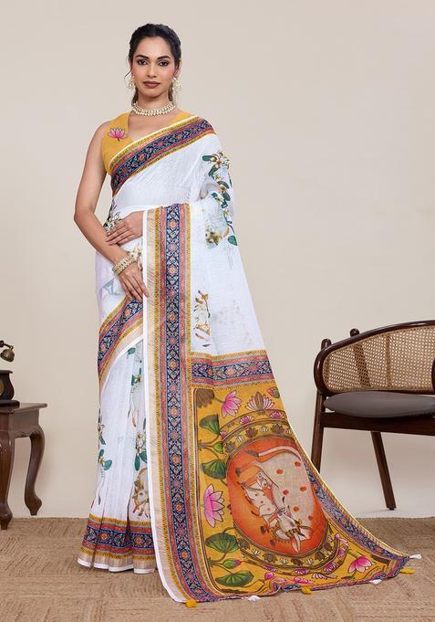 Cream Printed Silk Saree Set
