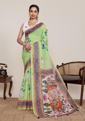 Green Printed Silk Saree Set