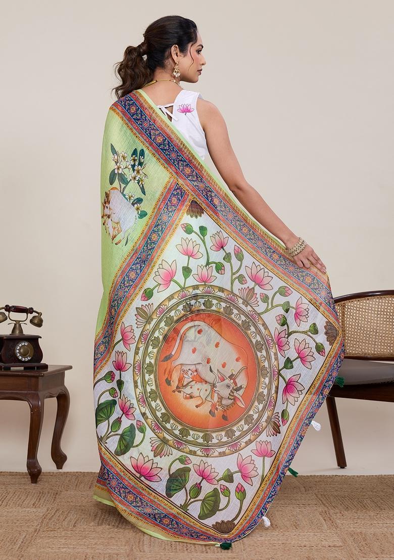 Green Printed Silk Saree Set - Indya