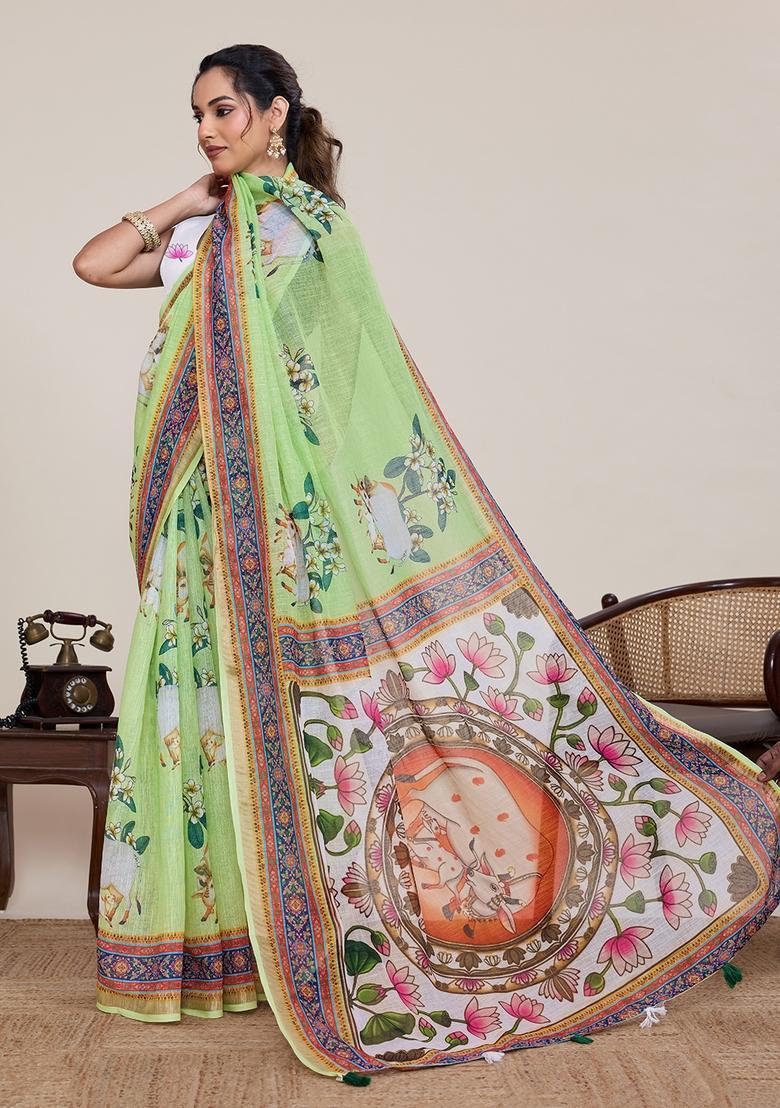 Green Printed Silk Saree Set - Indya