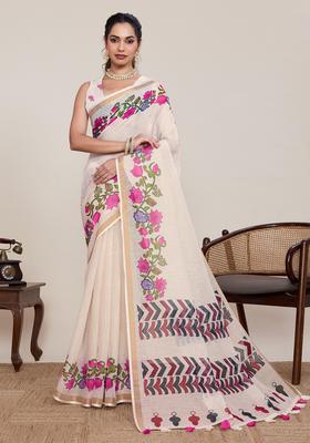 Off White Printed Silk Saree Set