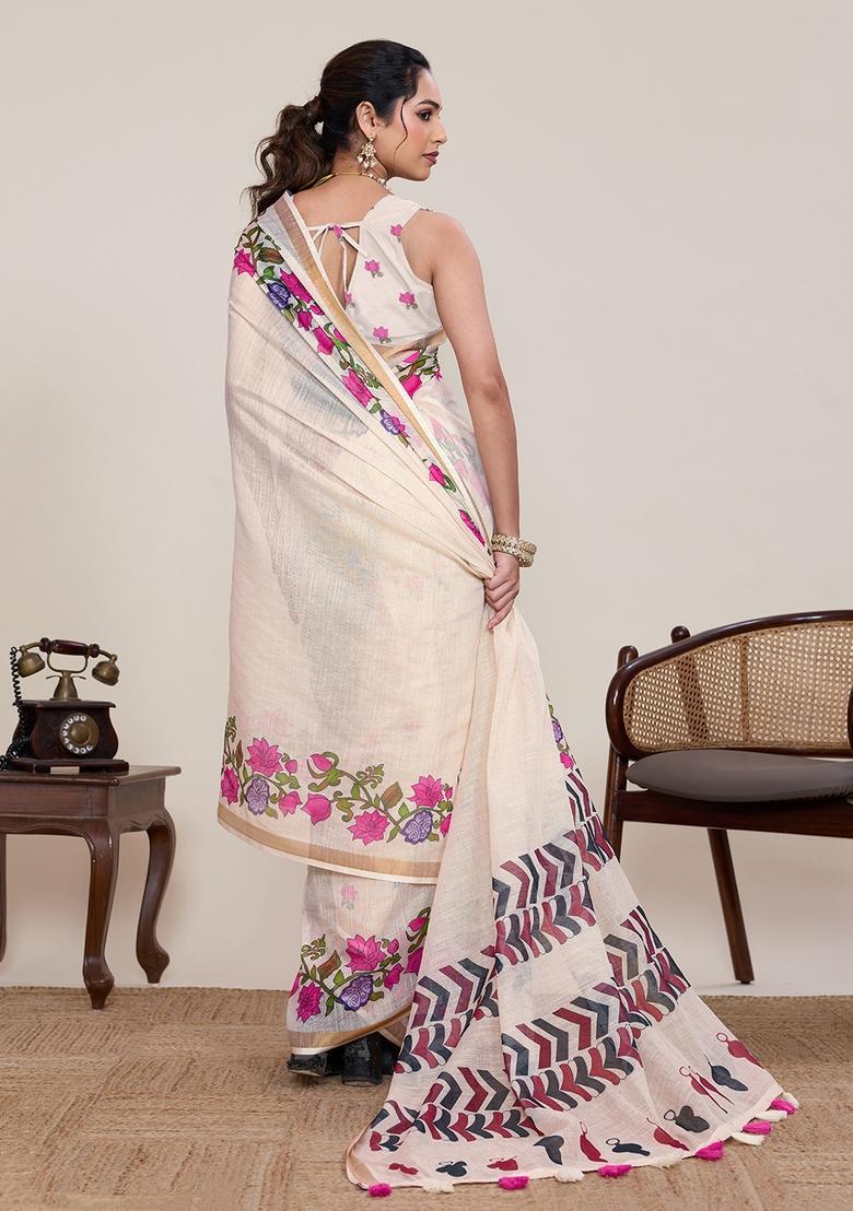Off White Printed Silk Saree Set - Indya