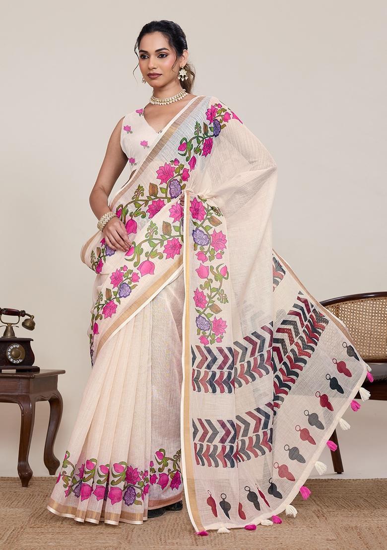 Off White Printed Silk Saree Set - Indya