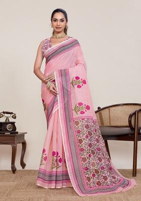 Pink Printed Silk Saree Set