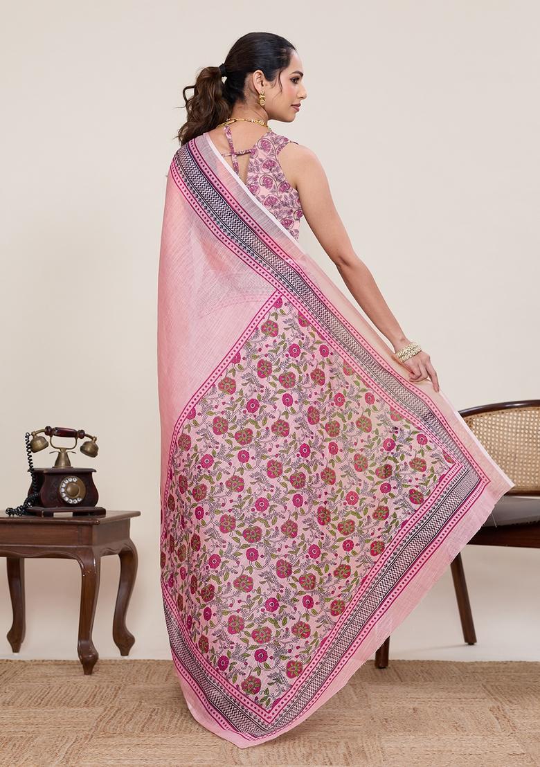 Pink Printed Silk Saree Set - Indya