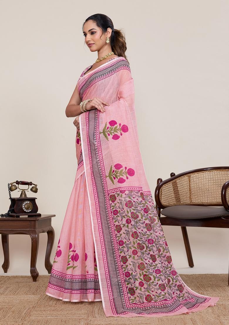 Pink Printed Silk Saree Set - Indya