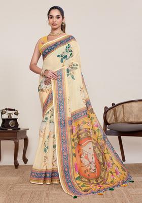 Yellow Printed Silk Saree Set