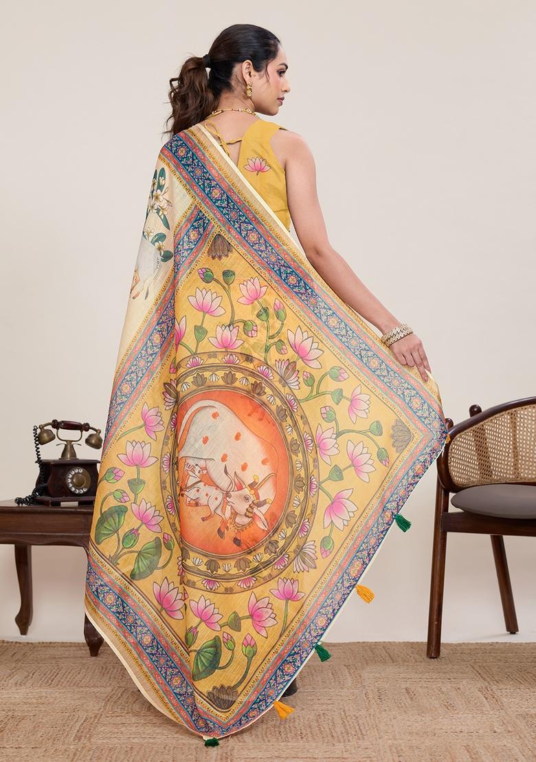 Yellow Printed Silk Saree Set - Indya