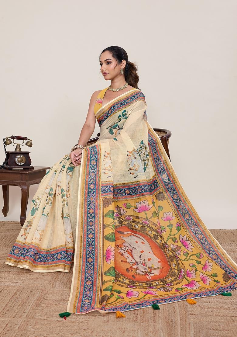 Yellow Printed Silk Saree Set - Indya