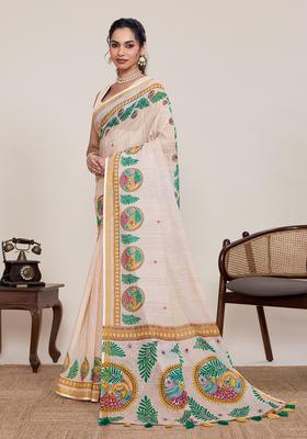 Cream Zari Work Silk Saree Set