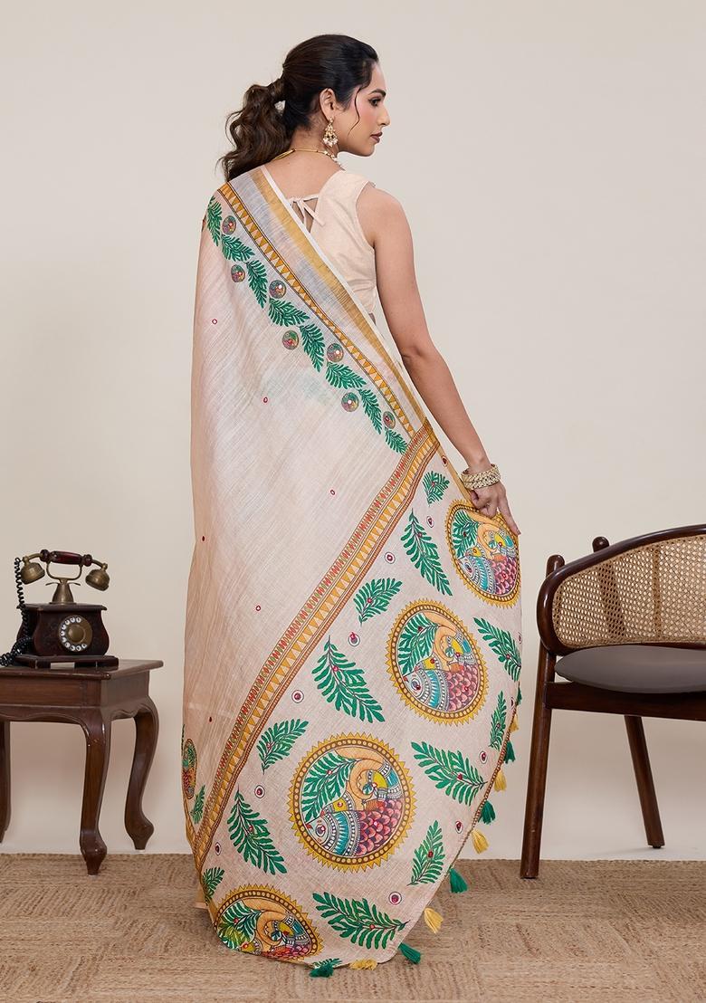 Cream Zari Work Silk Saree Set - Indya