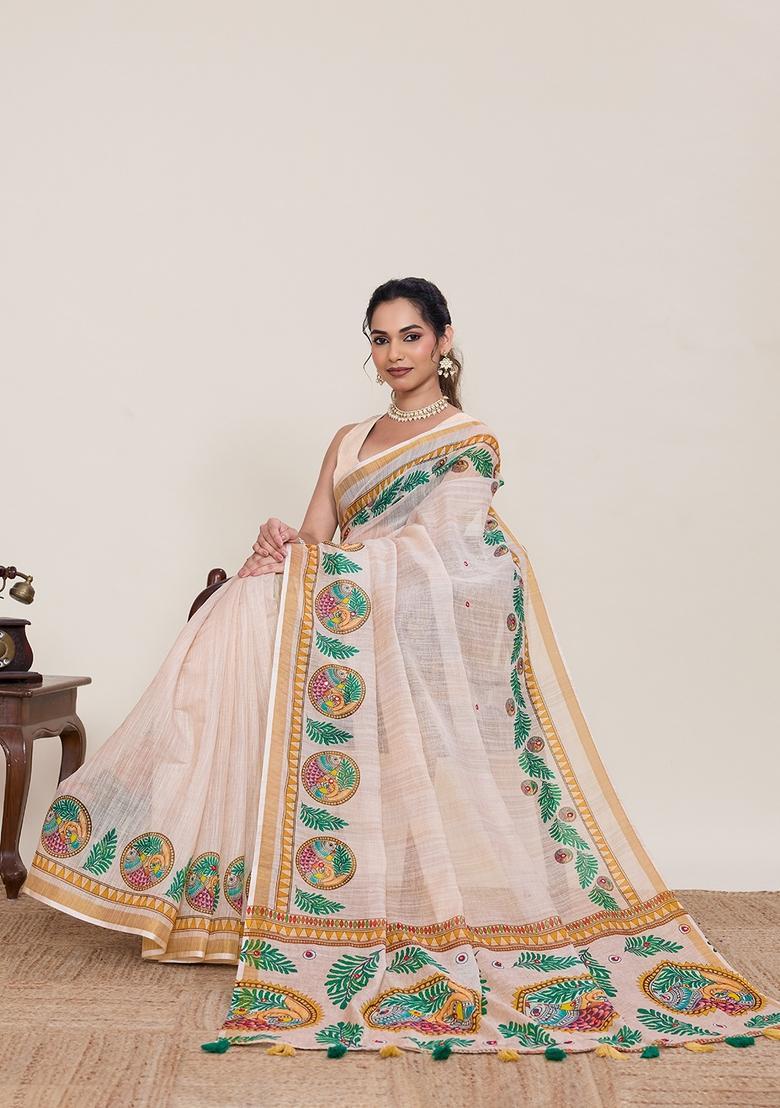 Cream Zari Work Silk Saree Set - Indya